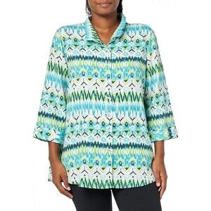 NWT ALI MILES Blue Green Ikat Floral Linen Artsy Toggle Button Up Top SIZE 1X